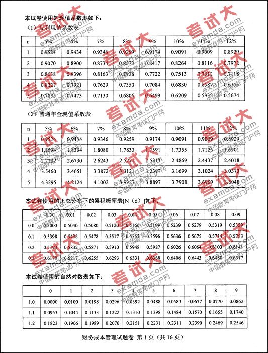 2009年注冊會計師財務成本管理真題及答案
