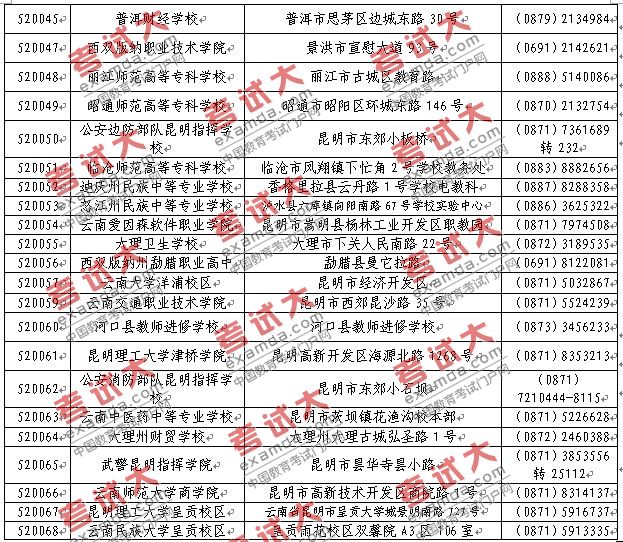 云南省2010年上半年第31次全國計(jì)算機(jī)等級考試（NCRE）考點(diǎn)設(shè)置